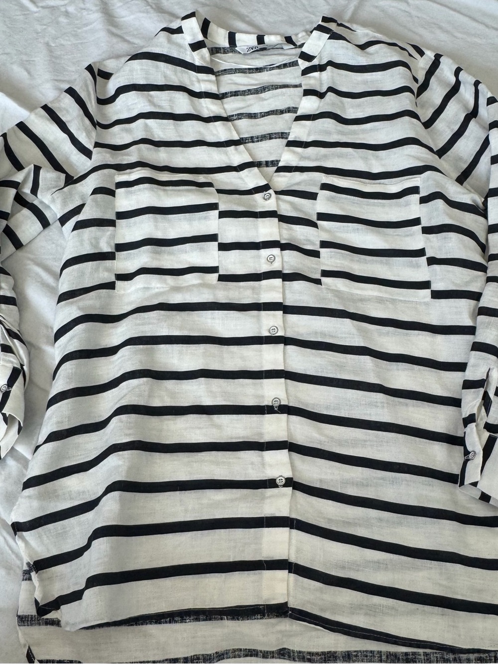 Zara White Linen Botton Up Linen Shirt With Black Stripes